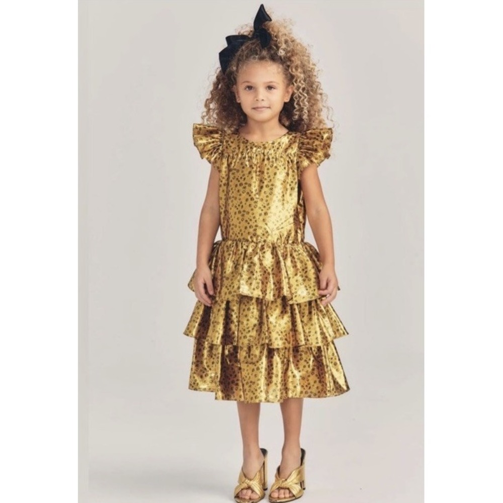 Love Shack Fancy Girls Callie Gold Metallic Floral Tiered Ruffled Sz 12 Party